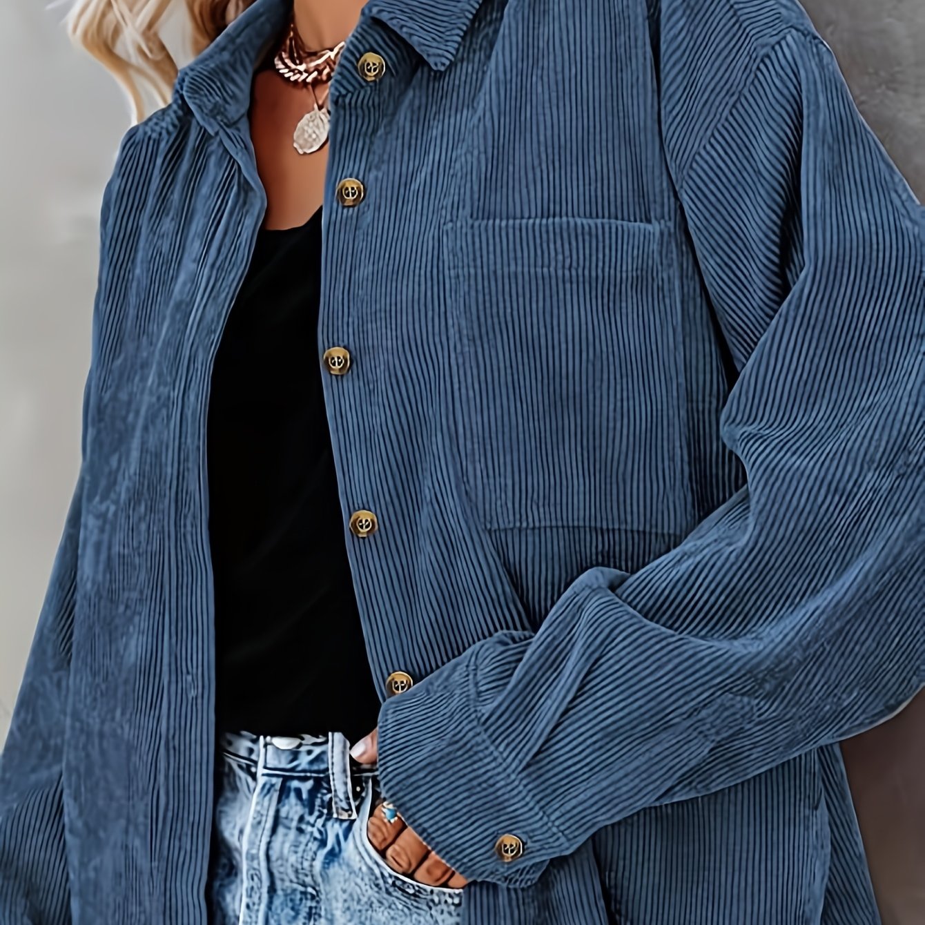 TEMU Koszula polo z sztruksu, zapinana na guziki, z długim rękawem, idealna na co dzień