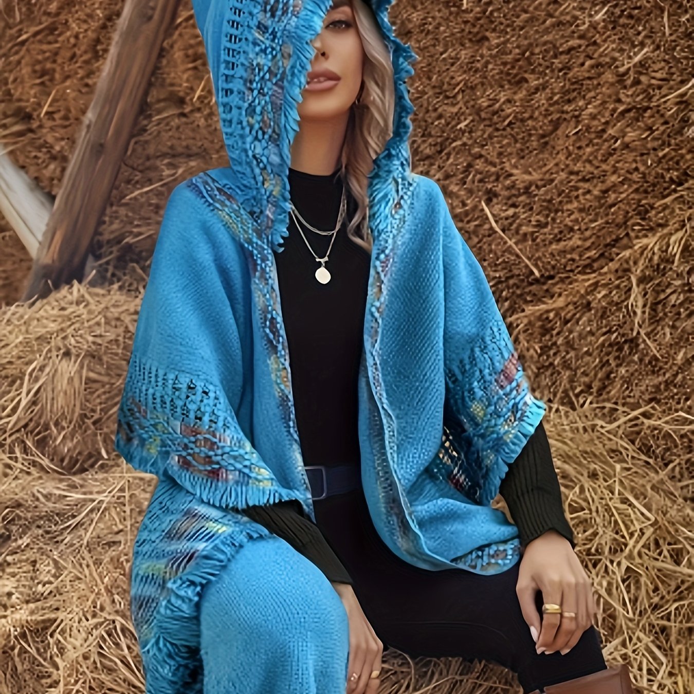 TEMU Elegancka, bohemyńska peleryna z frędzlami - wygodny szal dla kobiet, wykonany z wysoce elastycznej mieszanki, idealny na jesień i zimę.