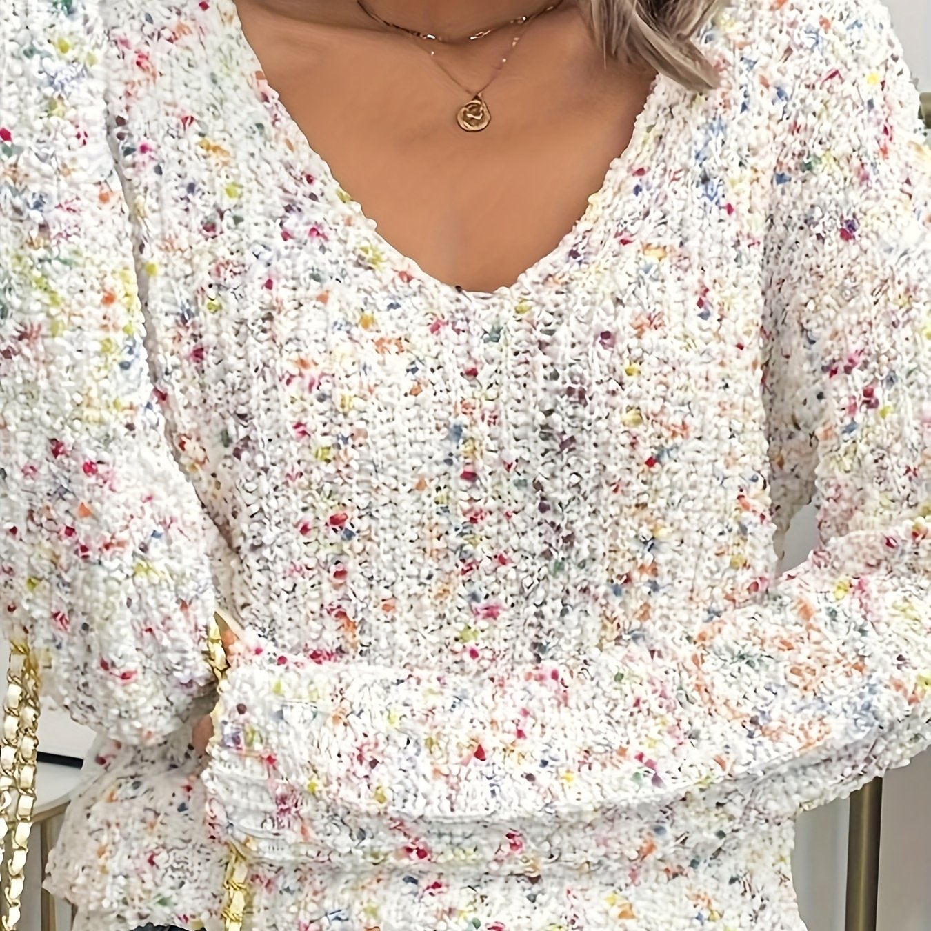 TEMU Damski sweter casualowy z dekoltem w kształcie litery V z kolorowym wzorem kwiatowym - miękki, wygodny i stylowy na wiosnę/leto/jesień, odzież