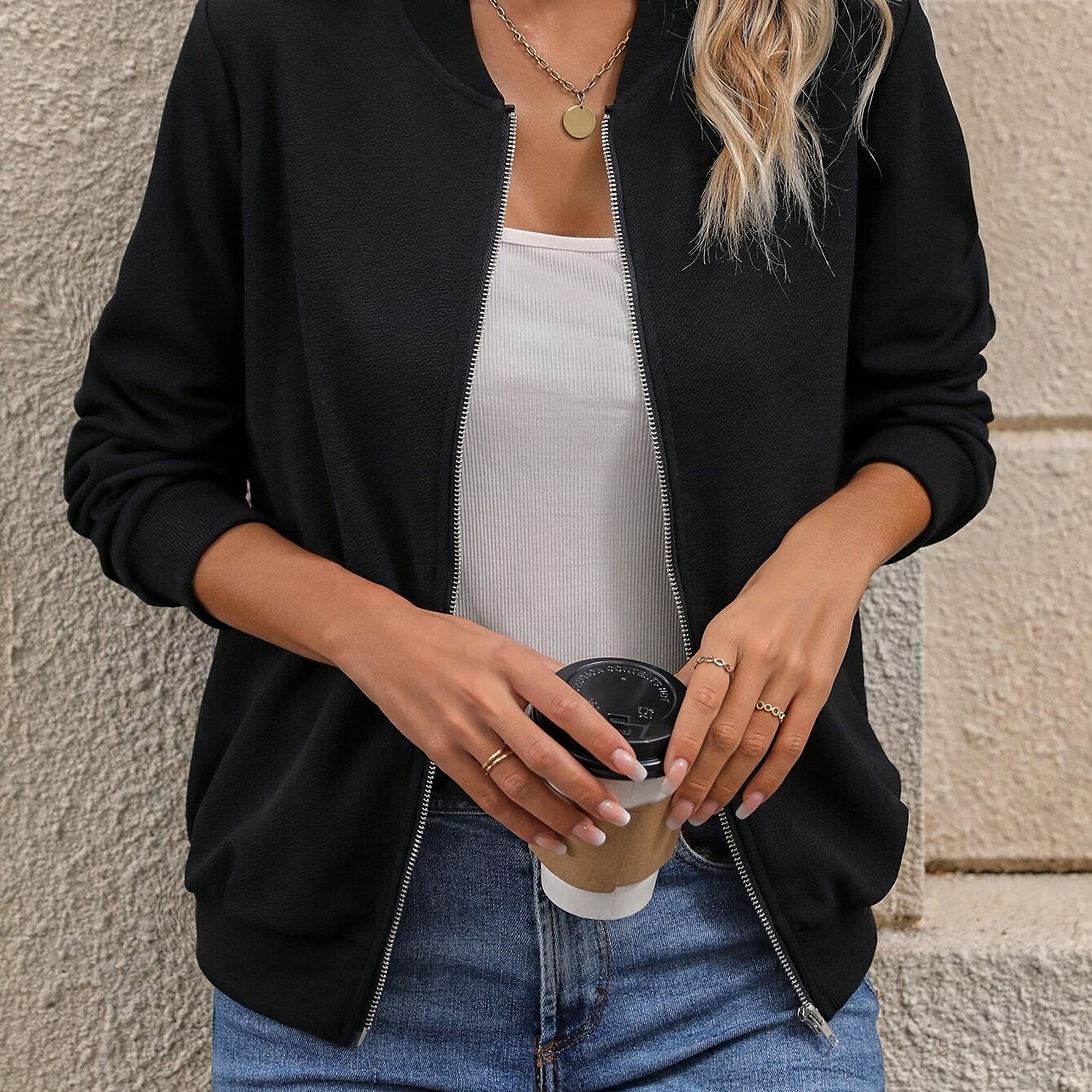 TEMU Kurtka z zamkiem w jednolitym kolorze, casualowa kurtka bomberka z długim rękawem na wiosnę i jesień, odzież damska