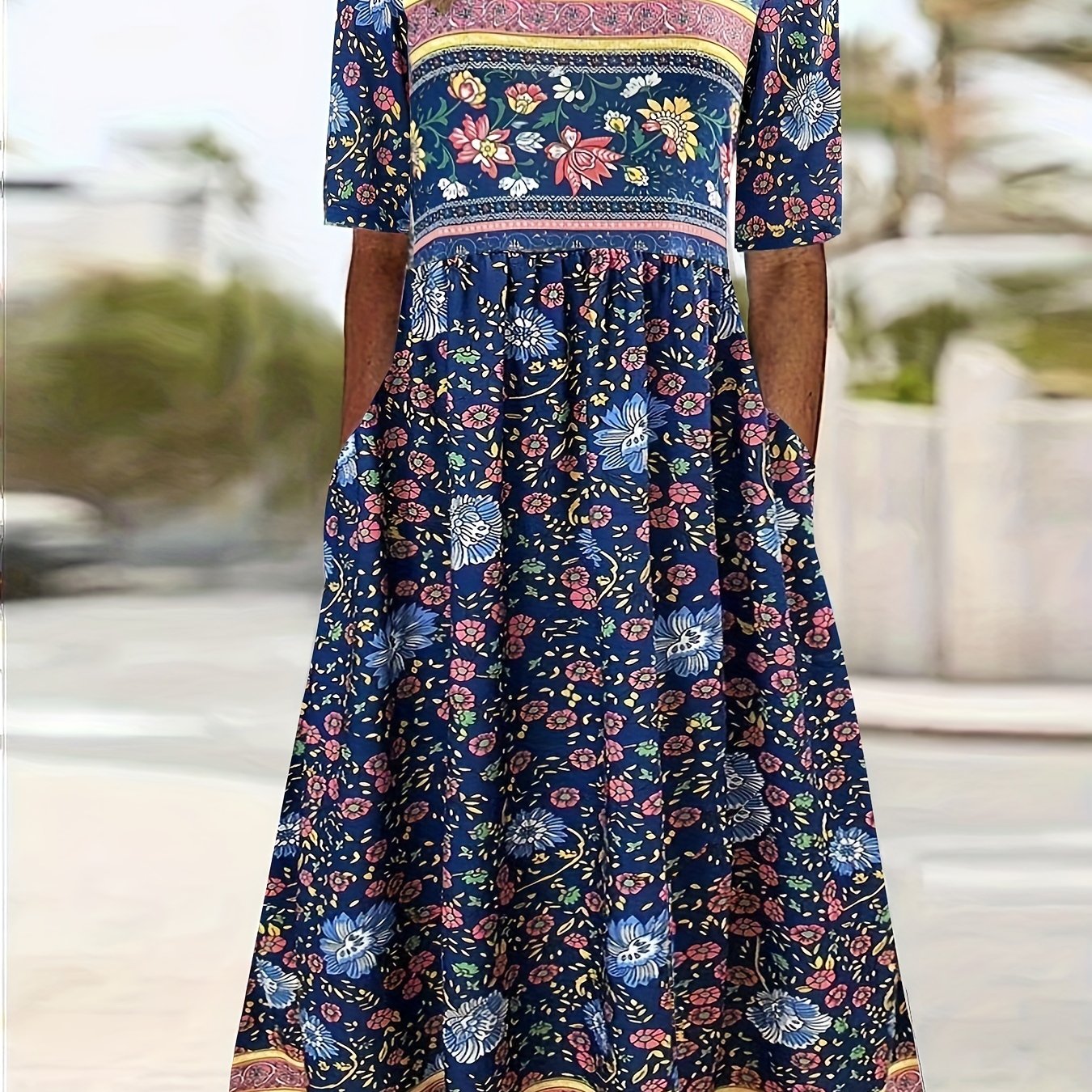 TEMU Sukienka w stylu vintage z kwiatowym nadrukiem, sukienka Boho z wycięciem pod szyją z krótkim rękawem, odzież damska