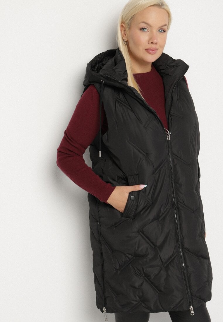 Czarna Pikowana Kamizelka z Kapturem i Kieszeniami Esarivie