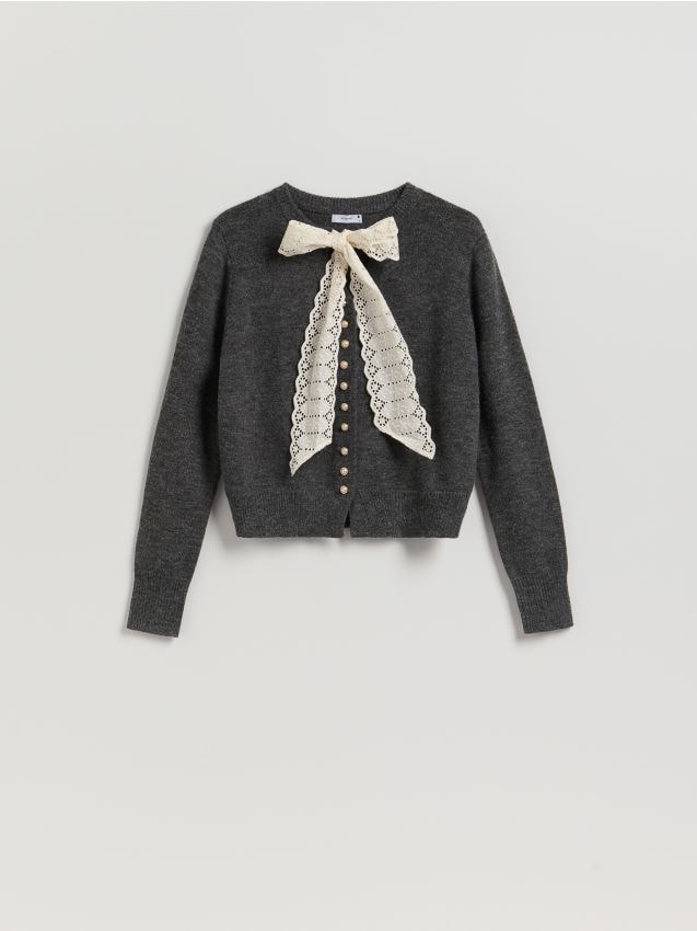 Reserved - Kardigan z wiązaniem - ciemnoszary