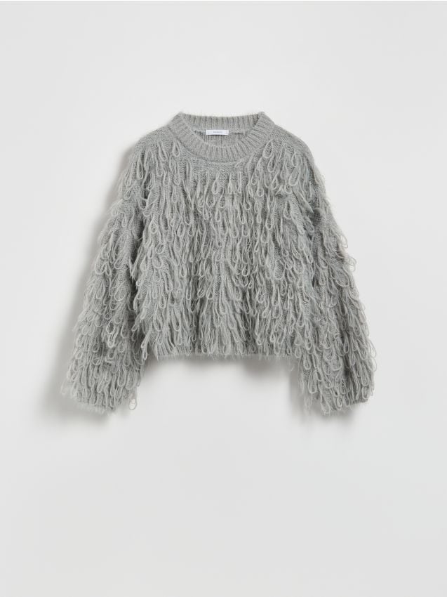 Reserved - Sweter z frędzlami - jasnoszary