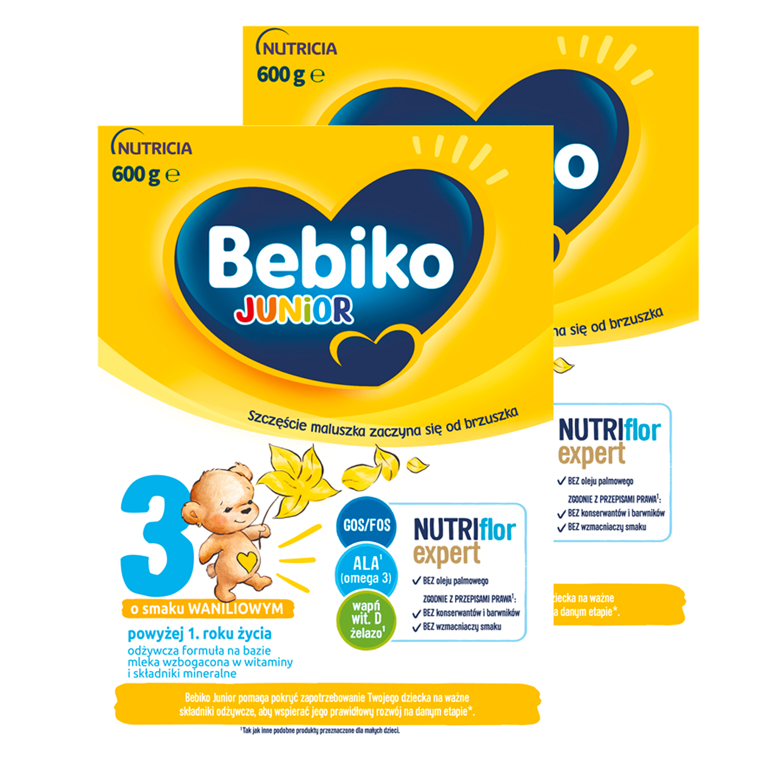 Zestaw Bebiko Junior 3 Nutriflor Expert, odżywcza formuła na bazie mleka, powyżej 1 roku, smak waniliowy, 2 x 600 g
