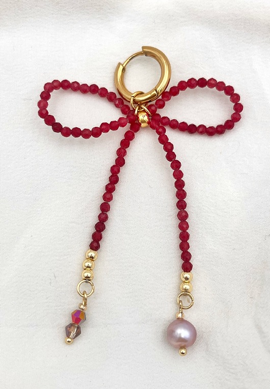 Kolczyki pozłacane Kokardy z czerwonego chalcedonu i perły