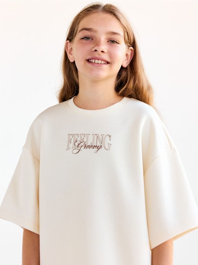 Reserved - T-shirt z haftem - kremowy