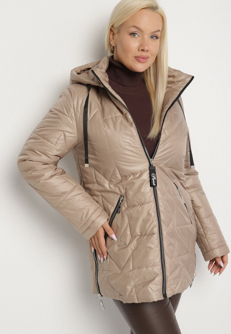 Beżowa Pikowana Kurtka Ozdobiona Pikowaniem z Odpinanym Kapturem Falerosa
