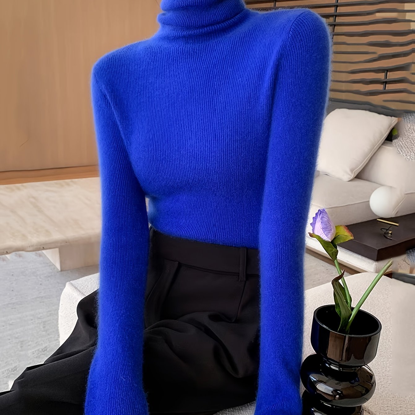 TEMU Elegancki sweter damski z wysokim dekoltem - Dopasowany sweter z długim rękawem, miękki na co dzień i na specjalne okazje, nieprześwitujący