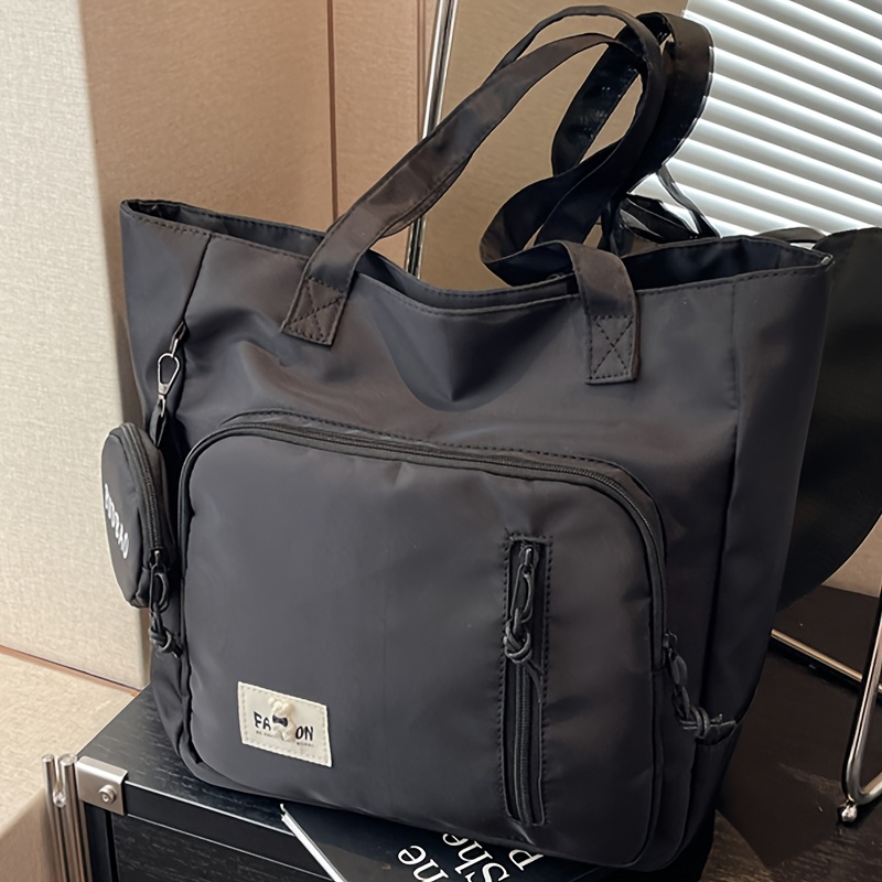 TEMU Codzienna torebka Duża torba na ramię z wieloma kieszeniami i bonusową kieszenią na monety, styl vintage, jednokolorowy, materiał płócienny,