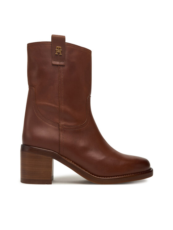 Tommy Hilfiger Botki Riding Lthr Mid Boot Block Heel FW0FW08776 Brązowy