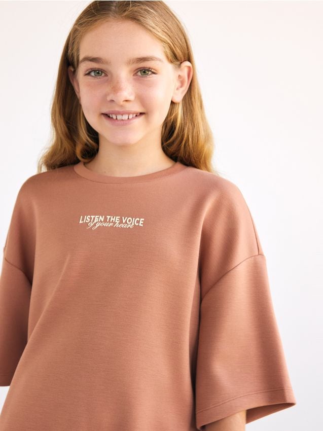 Reserved - T-shirt z haftem - brązowy