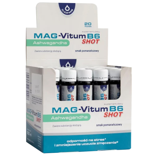 Oleofarm Mag-Vitum B6 Ashwagandha, shot, smak pomarańczowy, 25 ml x 20 fiolek