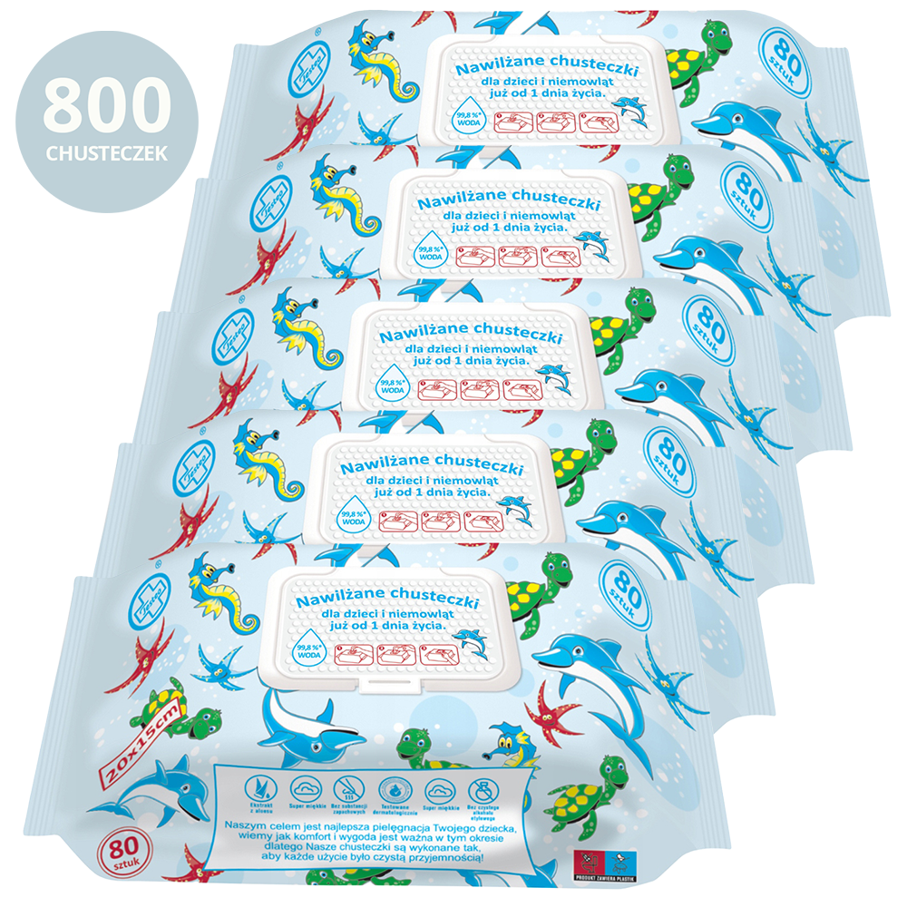 Zestaw Testeo, chusteczki nawilżane dla dzieci i niemowląt od 1 dnia życia, 99,8% wody, 10 x 80 sztuk
