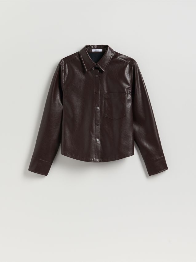 Reserved - Koszula z imitacji skóry - ciemnobrązowy