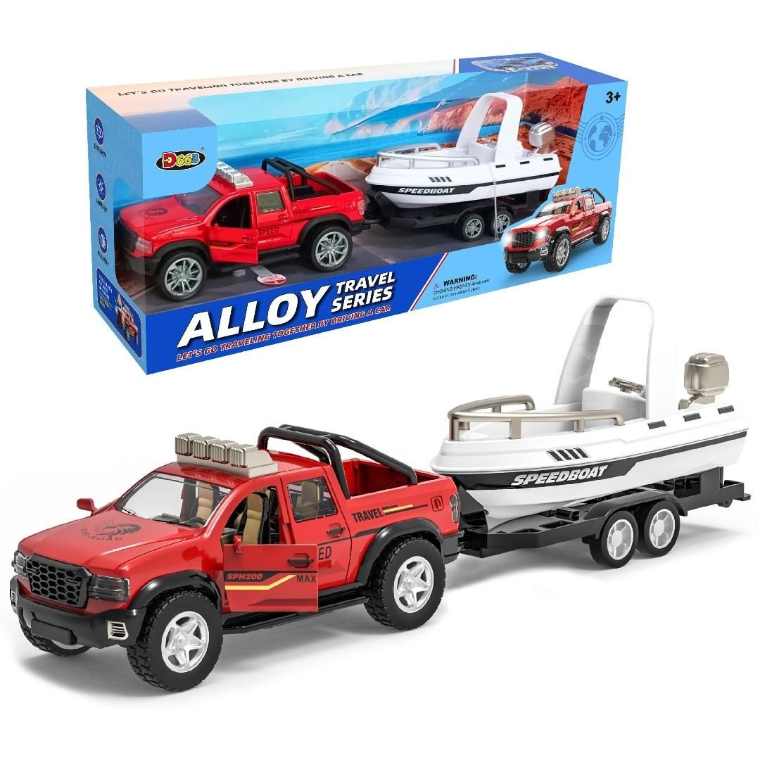 Auto terenowe metalowe z przyczepą i łodzią - model lub pojazd