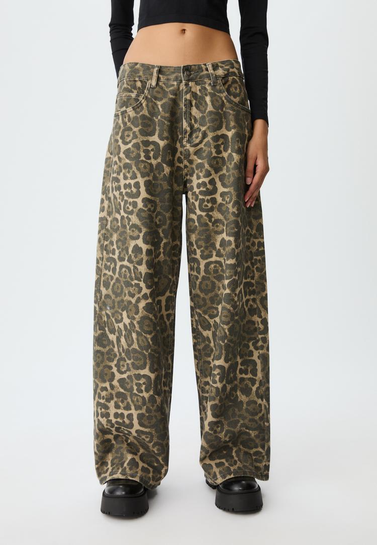 Stradivarius Spodnie baggy w panterkę Szary 38