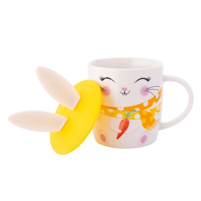 Kubek baryłka NBC 400 ml z silikonową pokrywką Zajączek uśmiechnięty w opasce wielokolorowy