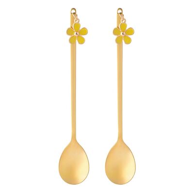 Komplet 2 łyżeczek z ozdobną końcówką żółty kwiatek 13,5 x 2,5 cm złoty