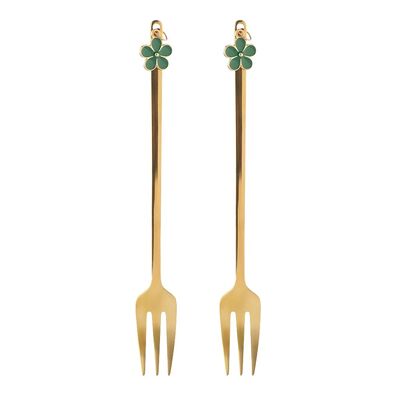 Komplet 2 widelczyków z ozdobną końcówką zielony kwiatek 13,5 x 1,5 cm złoty