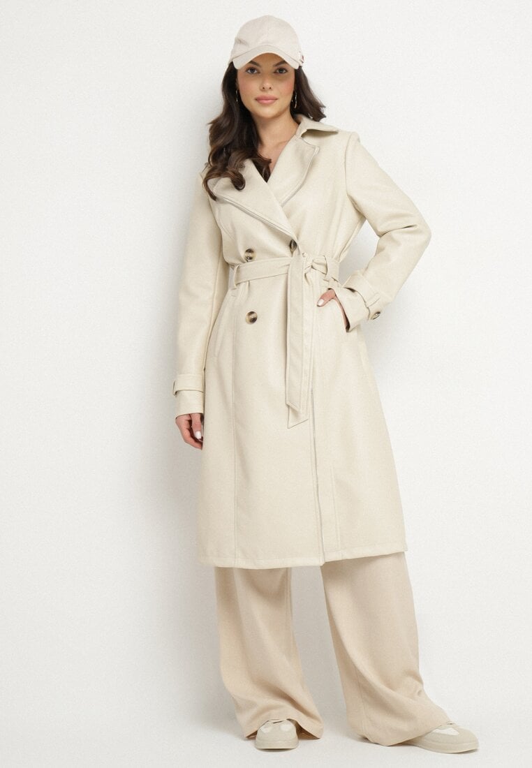Beżowy Dwurzędowy Płaszcz Trencz z Imitacji Skóry z Wiązanym Paskiem Nilovessa