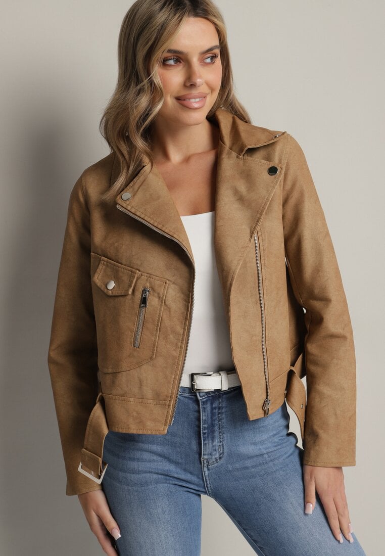 Ciemnobeżowa Kurtka Ramoneska z Kieszeniami i Paskiem z Klamrą Polvila