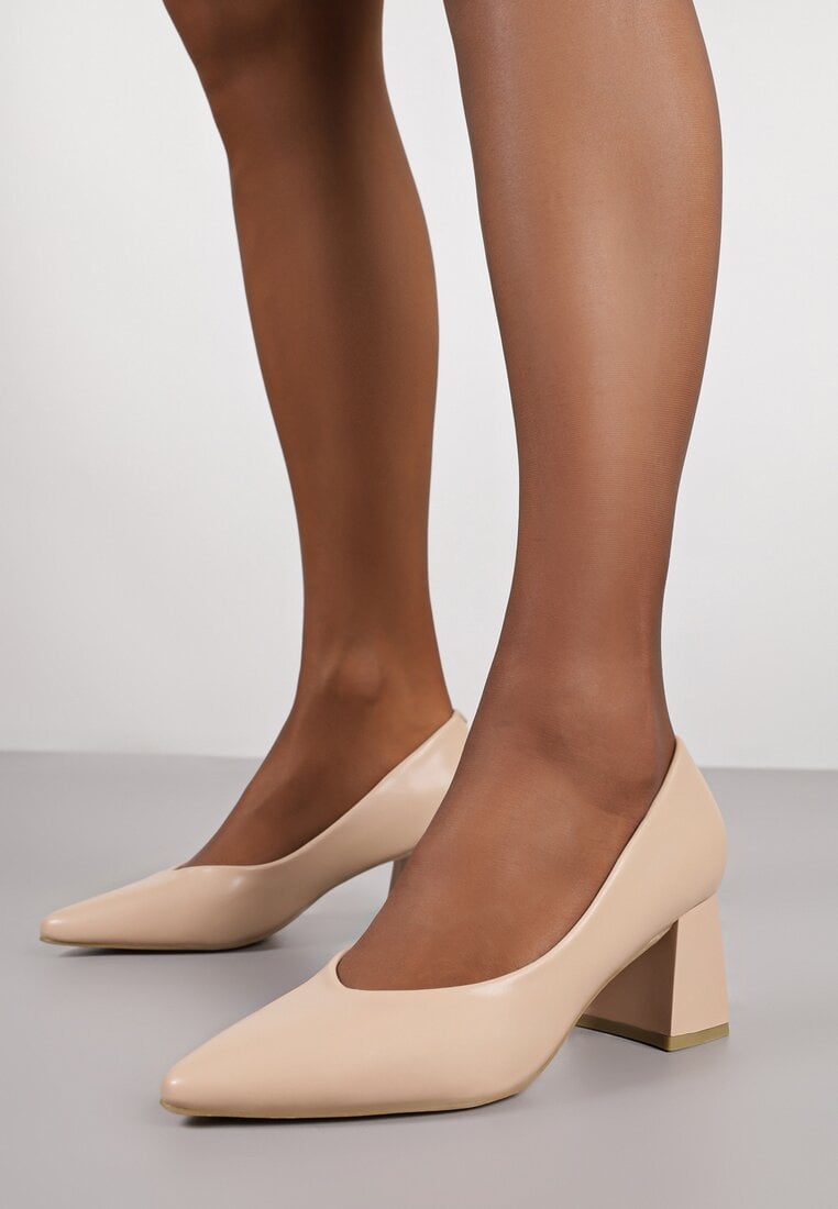 Beżowe Klasyczne Czółenka Vices na Słupku z Wkładką ze Skóry Naturalnej Erani