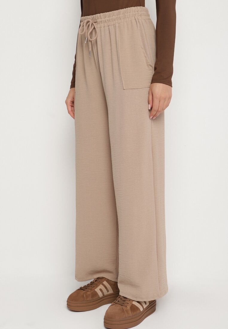 Ciemnobeżowe Spodnie z Wiskozą o Szerokim Kroju ze Ściągaczem w Talii Lavirre