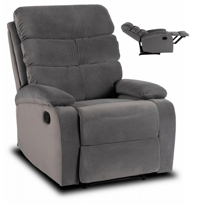 Fotel Rozkładany z Podnóżkiem KOBE Szary Welurowy Nowoczesny