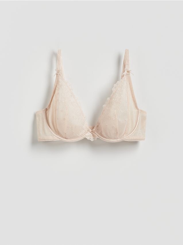 Reserved - Siateczkowy biustonosz z haftem - kremowy