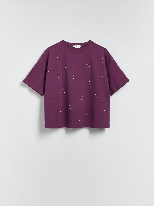 Reserved - Bawełniany t-shirt z aplikacją - ciemnofioletowy