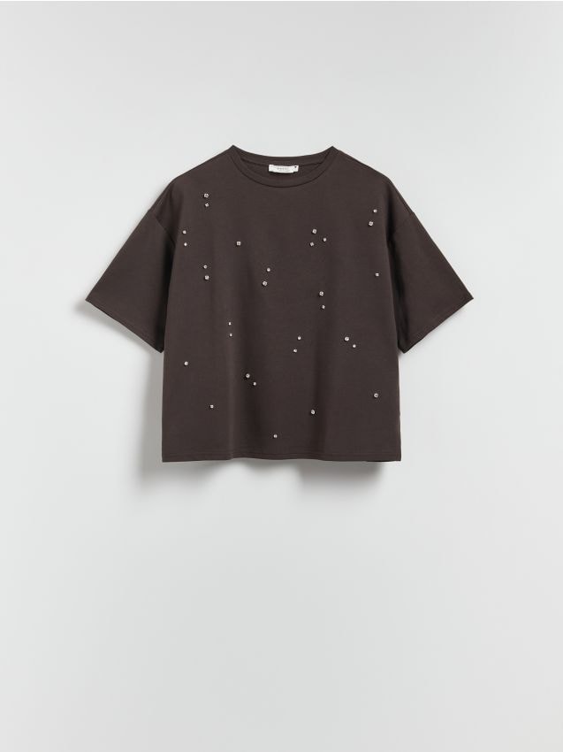 Reserved - Bawełniany t-shirt z aplikacją - ciemnobrązowy