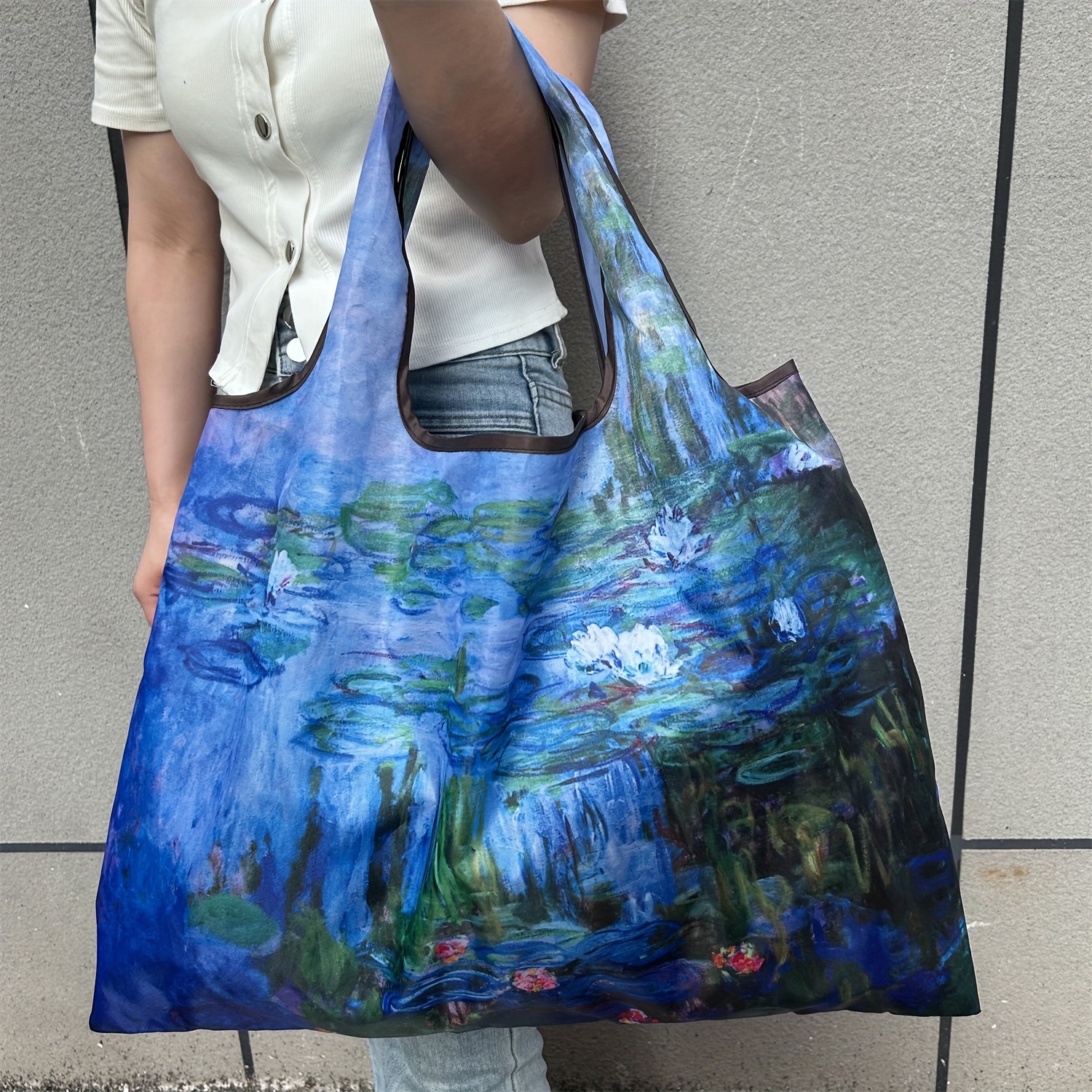 TEMU Duża, składana torba na ramię z żywym, kwiatowym wzorem – lekka, wytrzymała torba na ramię z nylonu do zakupów, podróży i codziennego użytku,