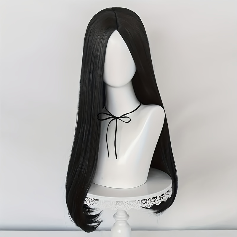 TEMU Czarna Długa Prosta Peruka Cosplay z Rozcięciem Środkowym - Odporna na Ciepło, Idealna dla Fanów Anime i na Imprezy Kostiumowe