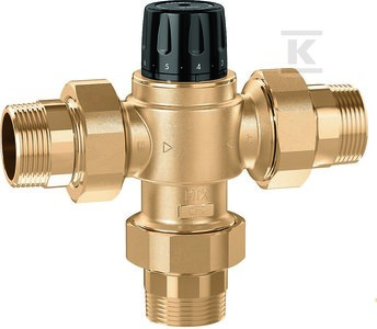 Regulowany termostatyczny zawór mieszający do systemów scentralizowanych. Korpus wykonany ze stopu odpornego na wypłukiwanie cynku 1 35÷65°C