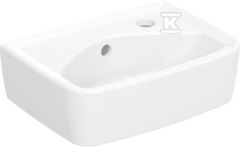 Umywalka kompaktowa Rekord - kształt geometryczny, krótka, B35 cm, H15 cm, T25 cm, z otworem na baterię z prawej strony, z przelewem
