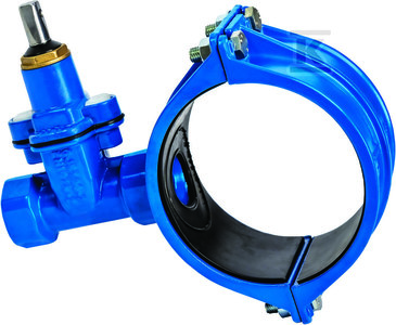 Zasuwo-opaska do wody gwintowana ZG2 NWZPE DN32x110 z miękkim uszczelnieniem, z szeroką opaską na rurę PVC/PE, PN16, GJS- żeliwo sfero