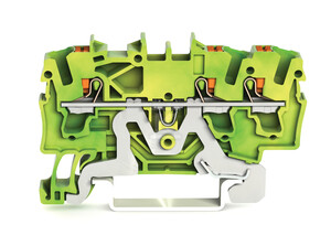 Złączka PE 3-przewodowa, z przyciskami, 2,5 mm2, z otworem pomiarowym, opis z boku i na środku, na szynę TS 35 x 15 i 35 x 7,5, Push-in CAGE CLAMP®,