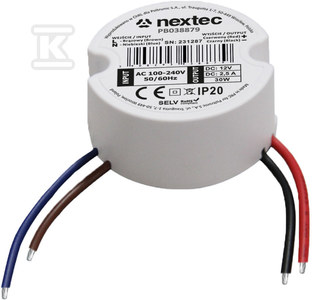 Nextec Zasilacz okrągły 50mm, 12V, IP20, 2,5A, 30W