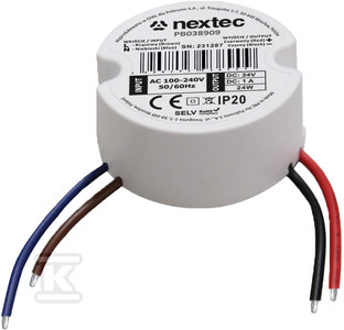 Nextec Zasilacz okrągły 50mm, 24V, IP20, 1A, 24W