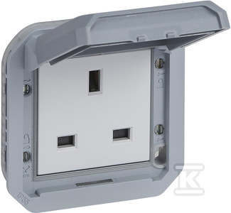 Gniazdo pojedyncze z uziemieniem standard brytyjski 2P+Z, zaciski śrubowe, mechanizm 13A-250V~ - szare, NOWE PLEXO 55