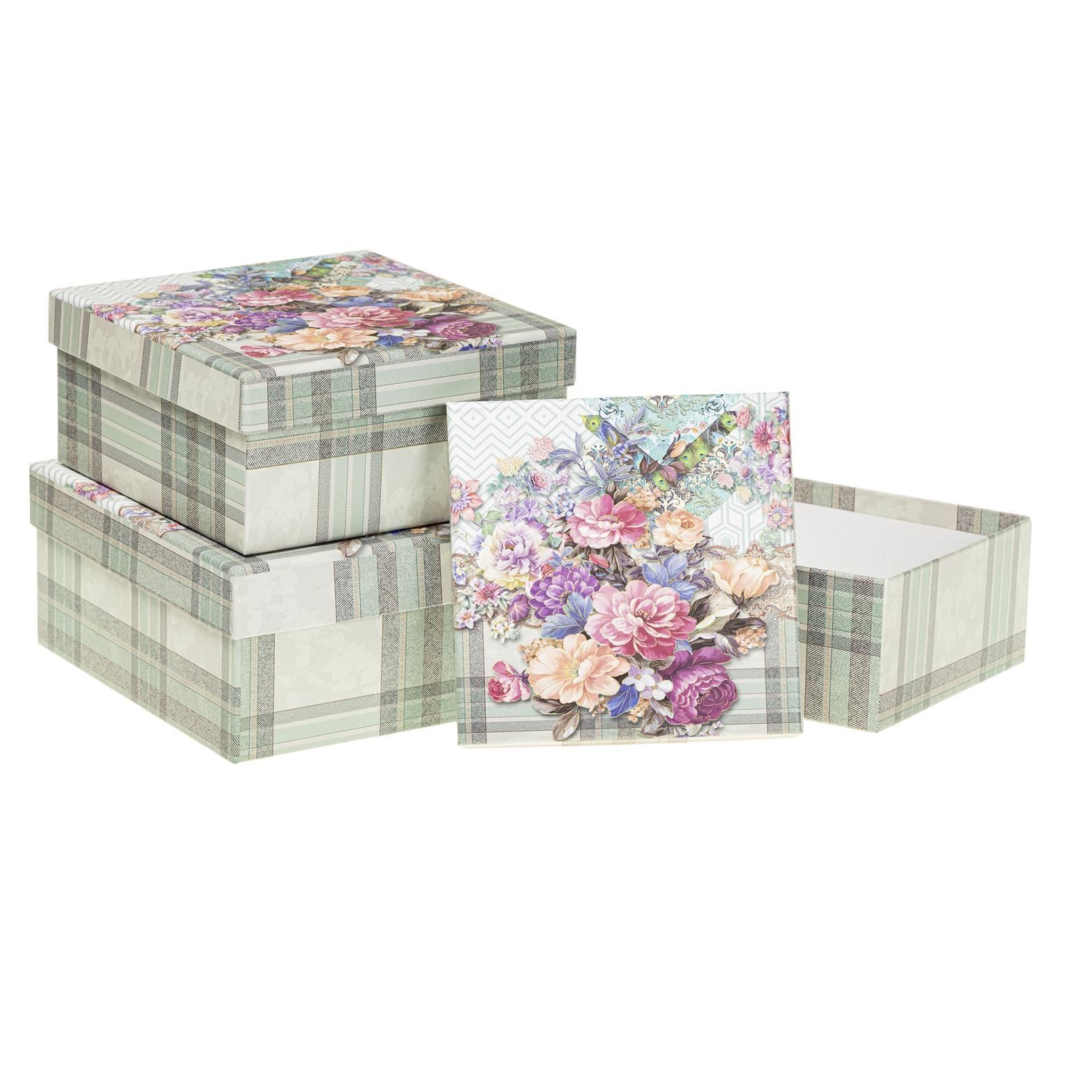 Pudełko kwadrat 3szt kwiaty krata Rozette - artykuł papierniczy