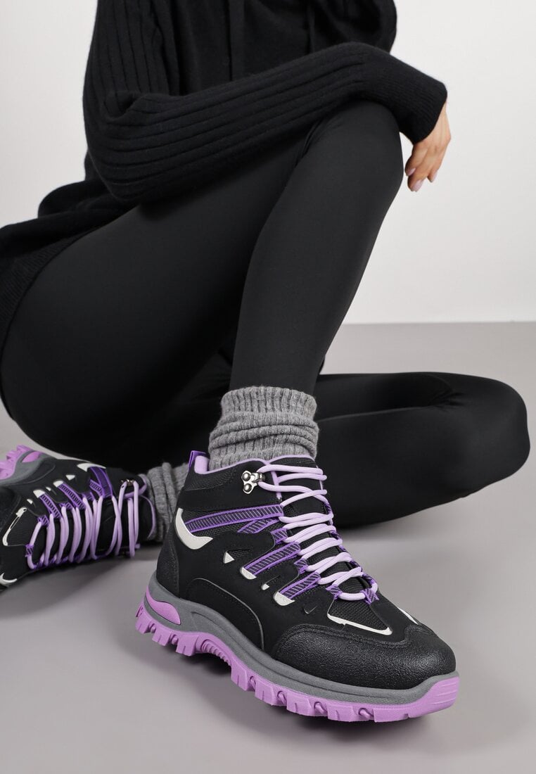 Czarno-Fioletowe Sznurowane Buty Trekkingowe Traperki Vices na Grubej Podeszwie Afertie