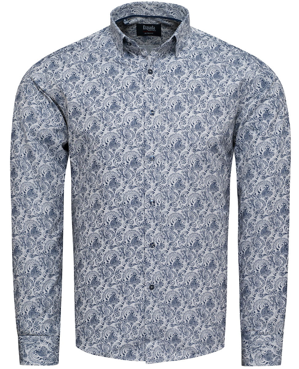 Koszula męska szara w granatowe kwiaty Recea