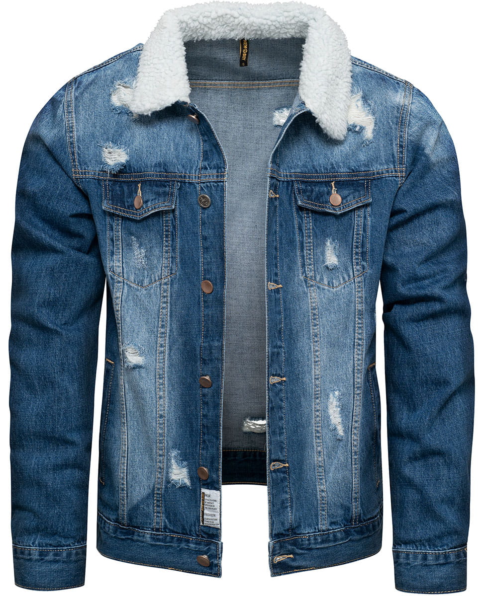 Kurtka męska jeans niebieska z futerkiem Recea