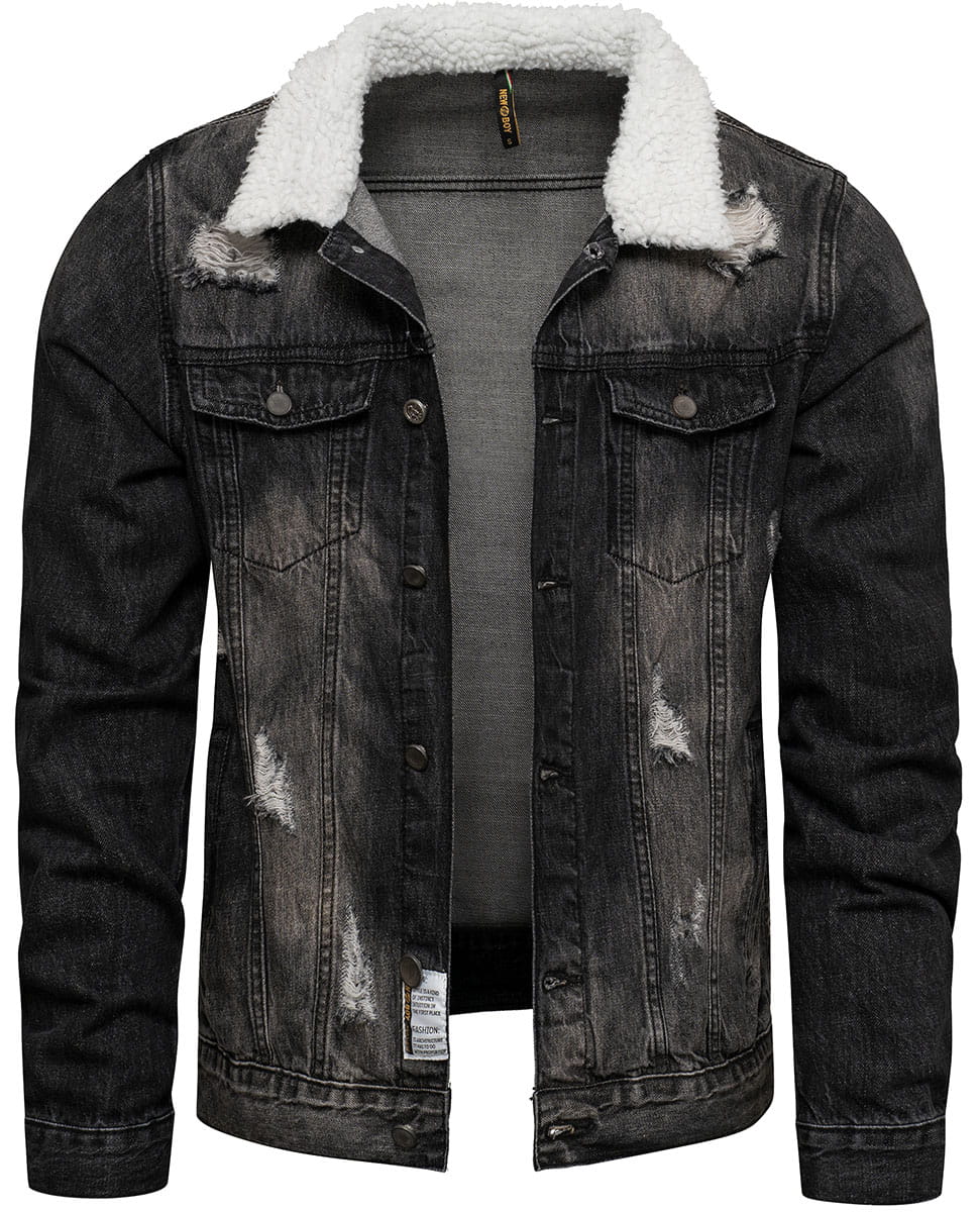 Katana jeansowa męska czarna z futerkiem Recea