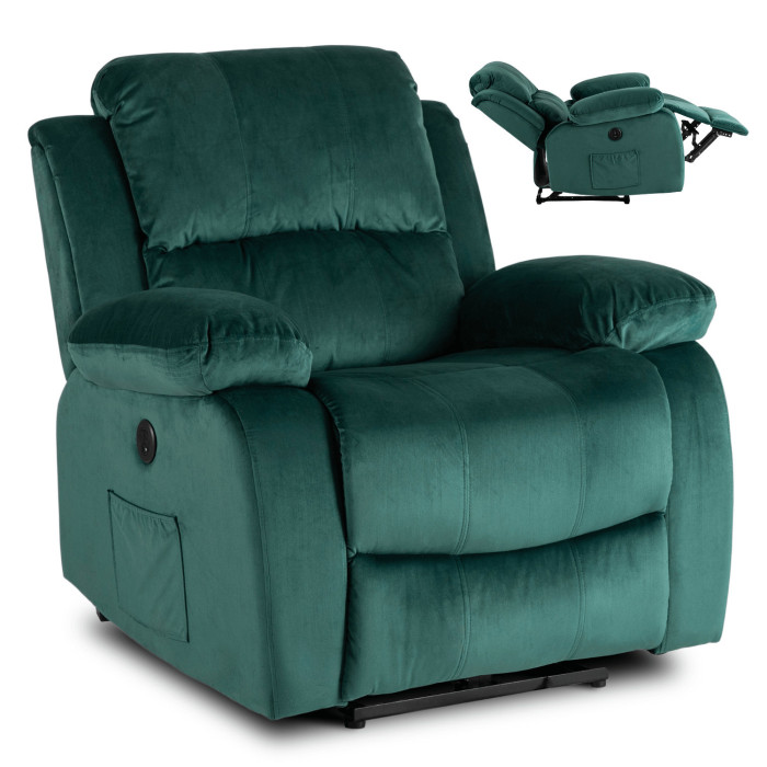 Fotel Masujący ARON Elektryczny Rozkładany z Podnóżkiem Zielony Welurowy Nowoczesny