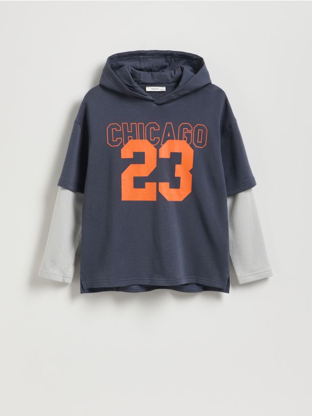 Reserved - Bawełniany longsleeve z kapturem - granatowy