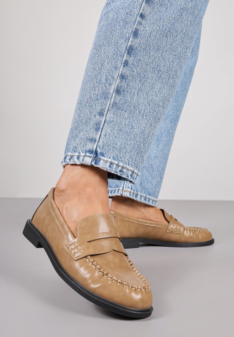 Ciemnobeżowe Marszczone Mokasyny Vices ze Skórzaną Wkładką Nestia