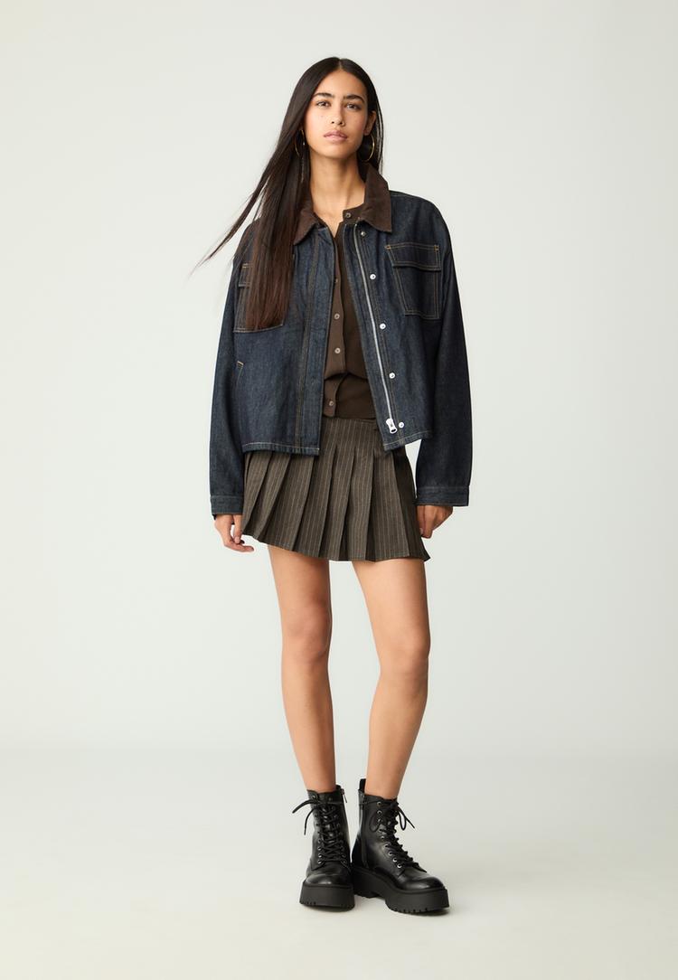 Stradivarius Kurtka jeansowa łączona WYBLAKŁY DENIM S